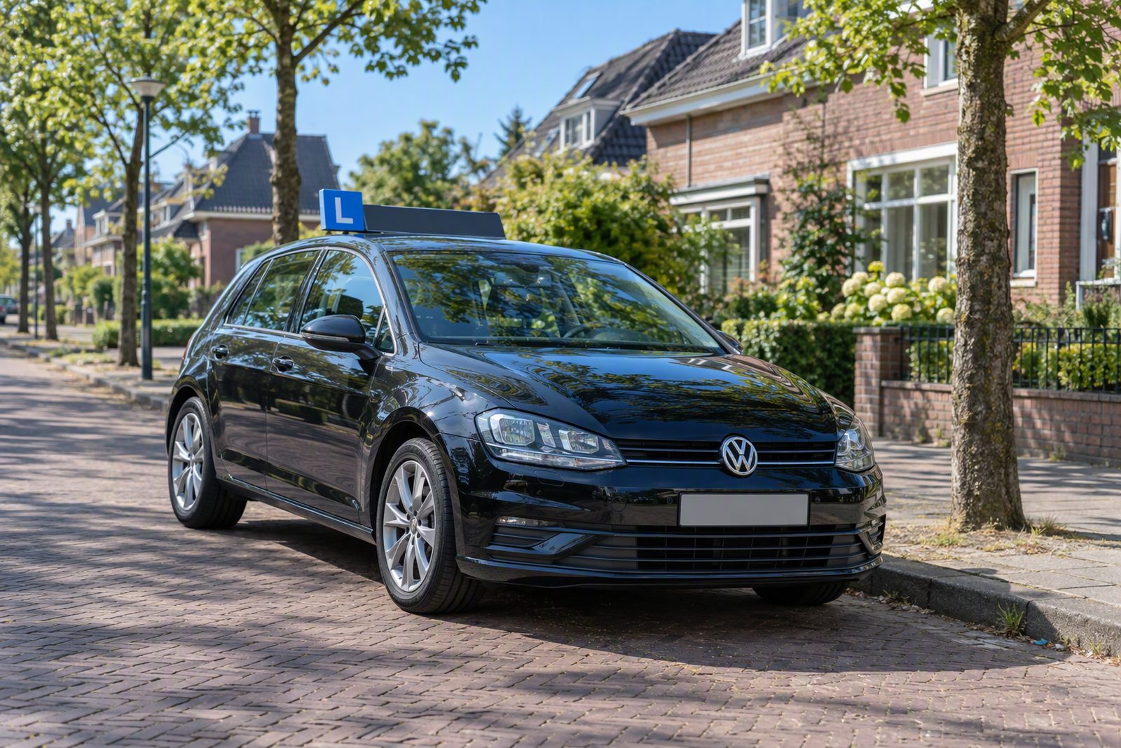 Zwarte Volkswagen Golf met L-bord, zoals de lesauto van Rijschool Crossing